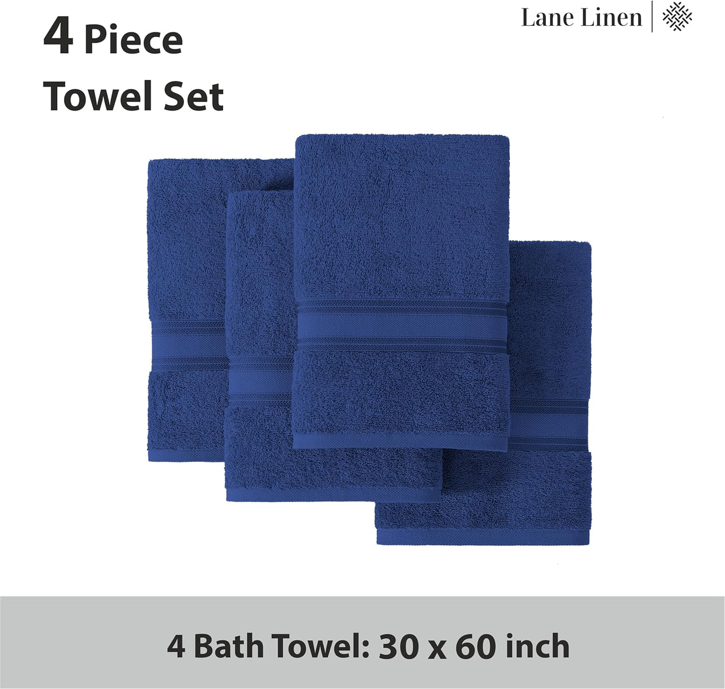 LANE LINEN 100% Cotton 4 Pack Bath Towels (30"x60") - Zero Twist, Mercerized Cotton Towels Set for Bathroom - Quick Dry, Soft & Absorbent Large Bath Towel Set - Dorm Essentials for Boys - Navy Blue