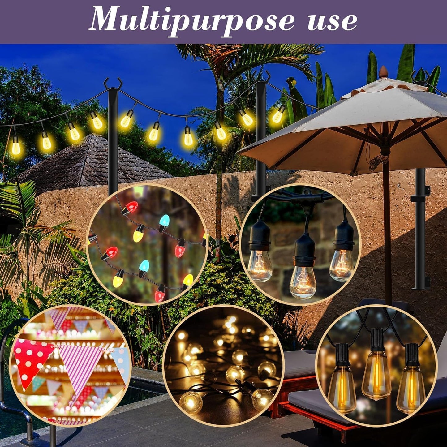 10 Pack String Light Poles,5Ft Metal Poles for Outdoor String Lights,Outdoor Light Poles with Post,Poles/Stand for Outside,Patio,Deck,Backyard,Garden Wedding,Party