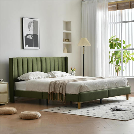 YUHUASHI upholstered Platform Bed Frame/King Bed Frame/Modern Geometric Double-Wing Design headboard/Velvet Fabric/Easy to Assemble no Noise (Grass Green, King (U.S. Standard))