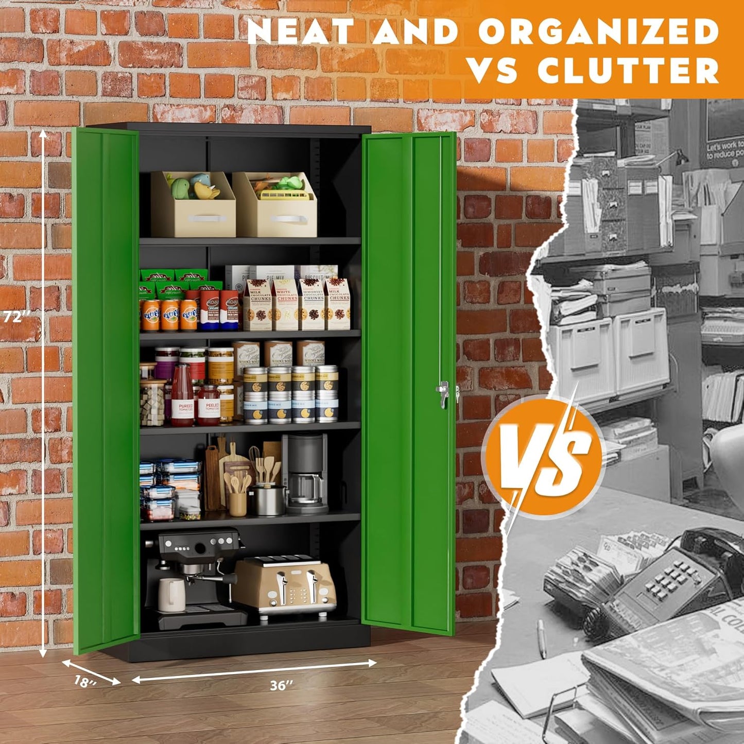 Greenvelly Metal Garage Storage Cabinet with 2 Doors and 4 Adjustable Shelves, 72”H Steel Lockable Storage Cabinet,Tall Metal Cabinet Locking File Cabinet for Office,Home, Garage, Gym, School