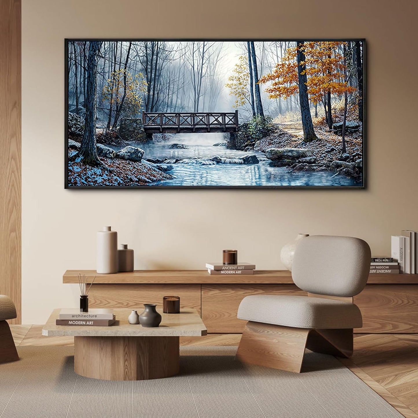 yiijeah Extra Large Living Room Wall Art - Modern Wall Decor for Bedroom Office Decor Mountain Forest Landscapes Village Bridge Painting Framed Canvas Prints Ready to Hang Wall Pictures Home Decor