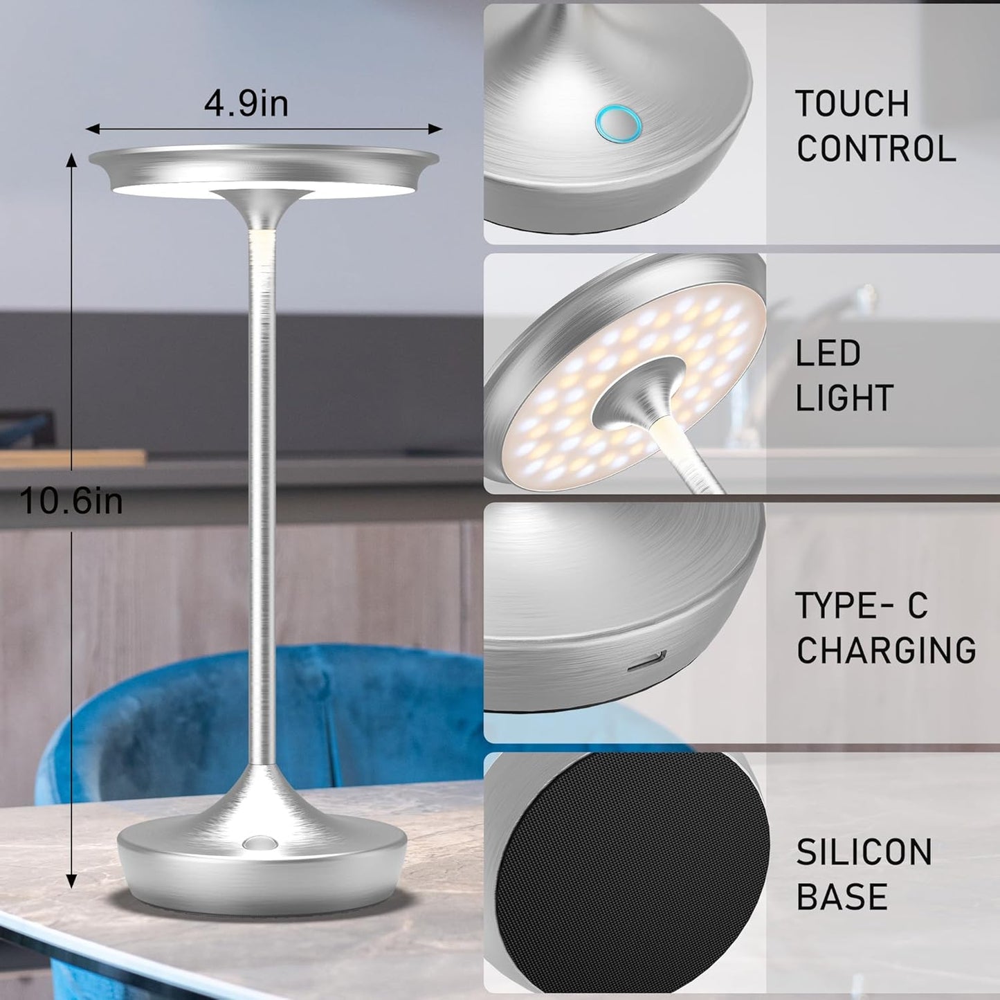 YHT Cordless Table Lamp, Restaurant Bedroom LED Rechargeable Stepless Dimming Desk Lamp, Outdoor Patio Portable 6000mAh IP54 Waterproof Table Light (Sliver 2Pack)