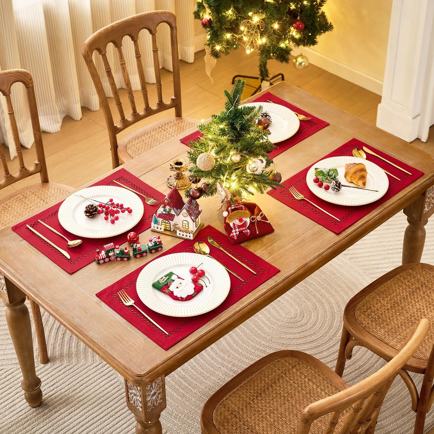 Red Placemats Set of 6, 12 x 18 Inch Rustic Geometric Hollow Place Mats, Heat Resistant Placemats for Farmhouse Kitchen Table Decor, Red 6PCS