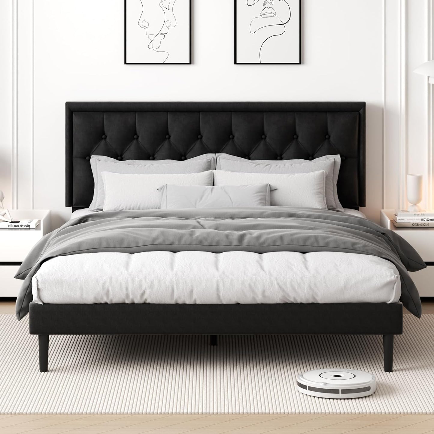 King Size Platform Bed Frame with Upholstered Velvet Button Tufted Headboard, Mattress Foundation with Wooden Slat Support, No Box Spring Needed, Easy Assembly, Noise Free, Black.