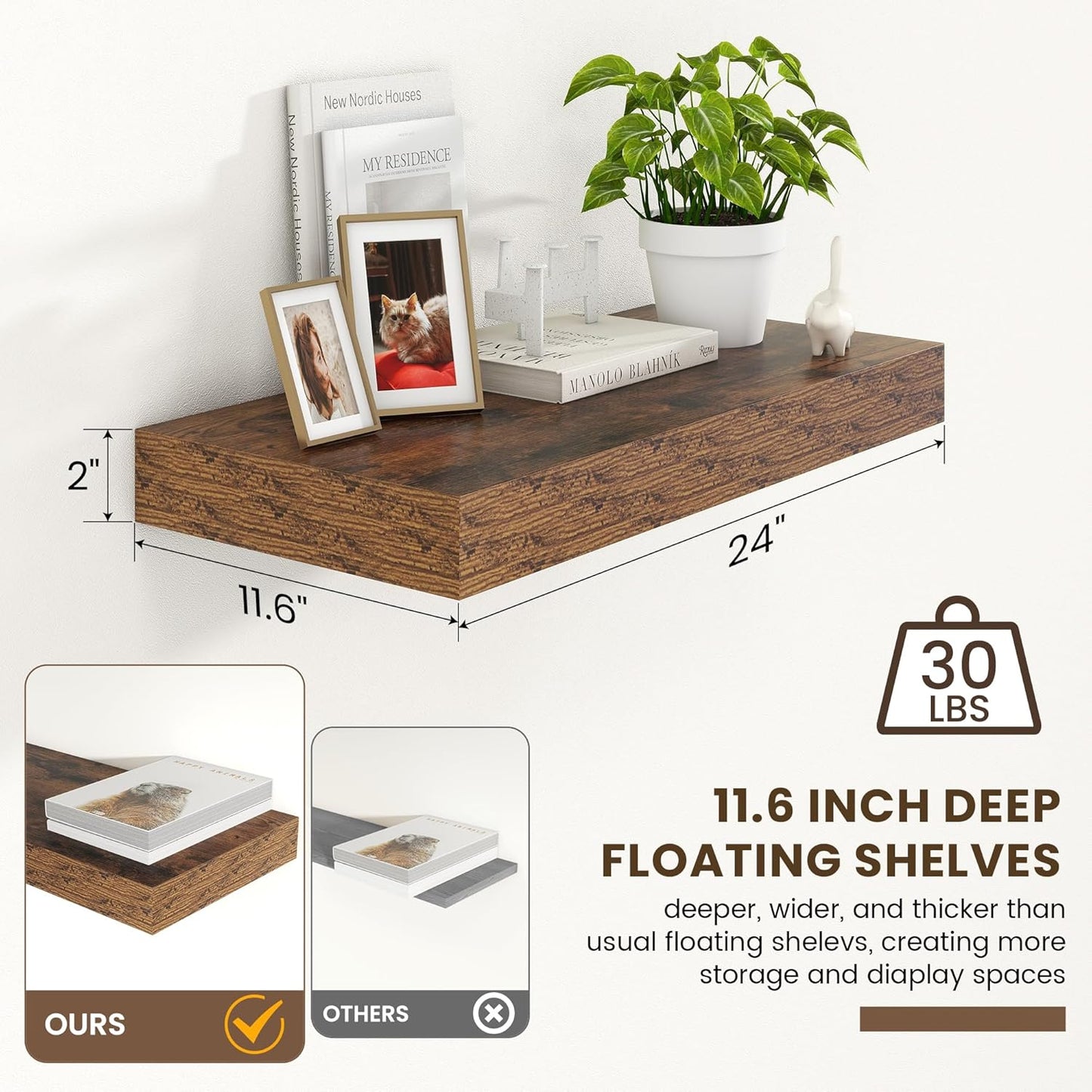 Deep Floating Shelves for Wall - 24 Inch Wide x 12 Inch Deep Floating Shelves - 24W x 12D Rustic Wood Wide Shelves for Room Wall - Laundry Shelf TV Shelf