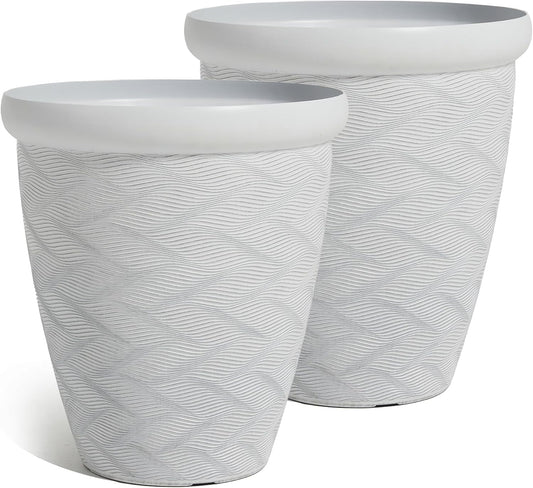 Worth Garden 2-Pack 16" Large Round Planter - Weave Pattern Lightweight Plastic Plant Pot 16" x 17.5" for Indoor Outdoor Use - Decorative Containers for Front Porch Home Yard Deck Patio - White