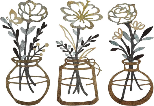 Metal Flower Wall Art 3 Pieces, Rustic Farmhouse Decor Wall Decor, Metal Wall Sculptures Hanging for Kitchen Bathroom Living Room (Brown)