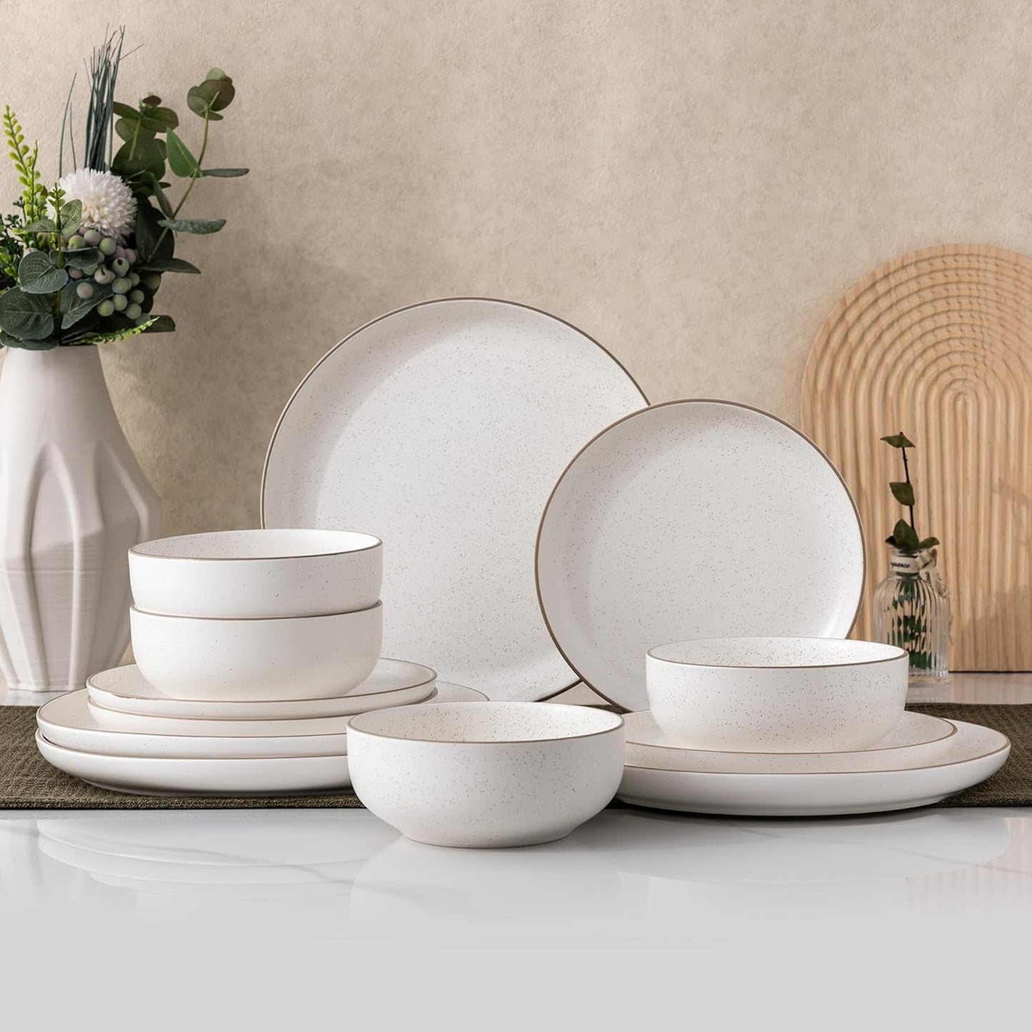 GBHOME Dinnerware Set for 4, GBHOME 12 Pieces Handmade Speckled Glaze Plates and Bowls Sets, Modern Style Scratch Resistant Stoneware Dishes Set, Dishwasher & Microwave Safe
