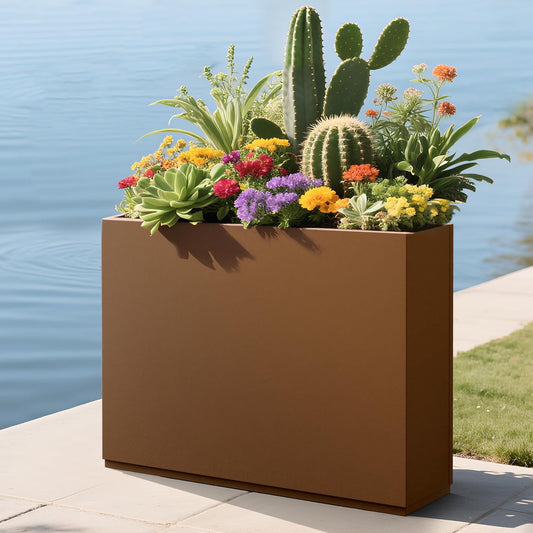 Large Rectangle Planter Metal Brown Planter Box with a Drainage Hole and a Removable Divider Indoor Outdoor Porch Pots for Tall Plants, Trees, Flowers 35.43" x 9.06" x 25.59" Brown
