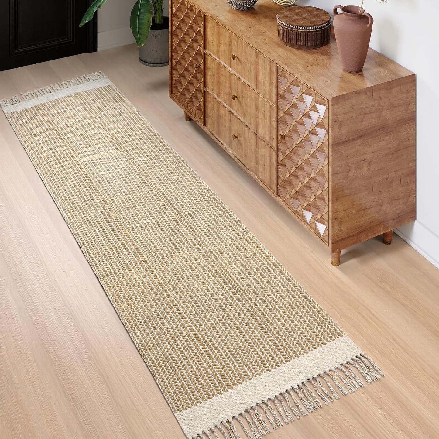 Lahome Boho Hallway Runner Rug, 2'6''x8 Kitchen Runners Washable Rugs for Bedroom Woven Cotton Rug with Tassels, Farmhouse Bath Non Shedding Carpet Runner for Laundry Basement, Khaki