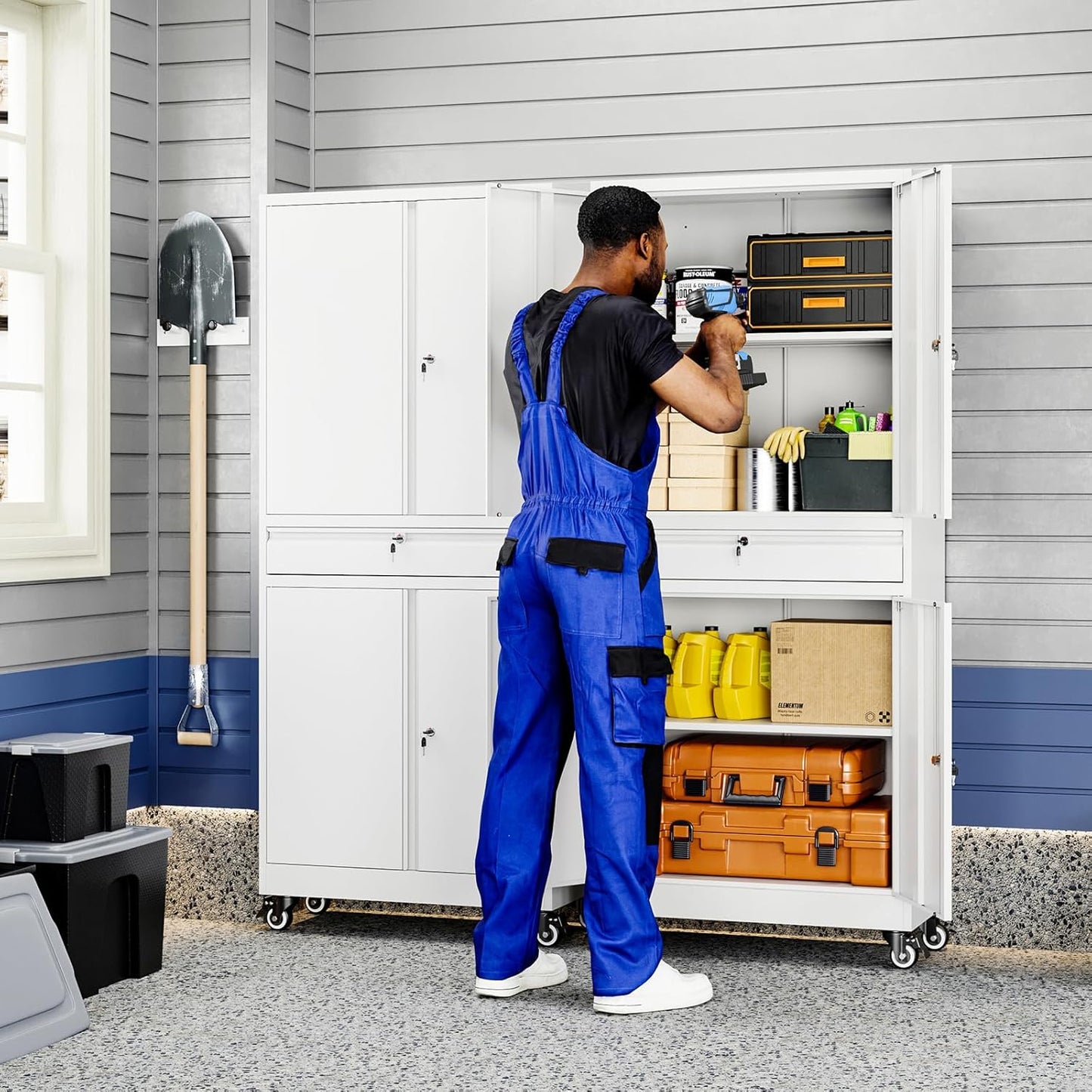 Yizosh Metal Garage Storage Cabinet with Locking Doors and Adjustable Shelves, 73" Rolling Tool Storage Cabinet with 4 Wheels and 1 Drawer for Garage,Warehouse