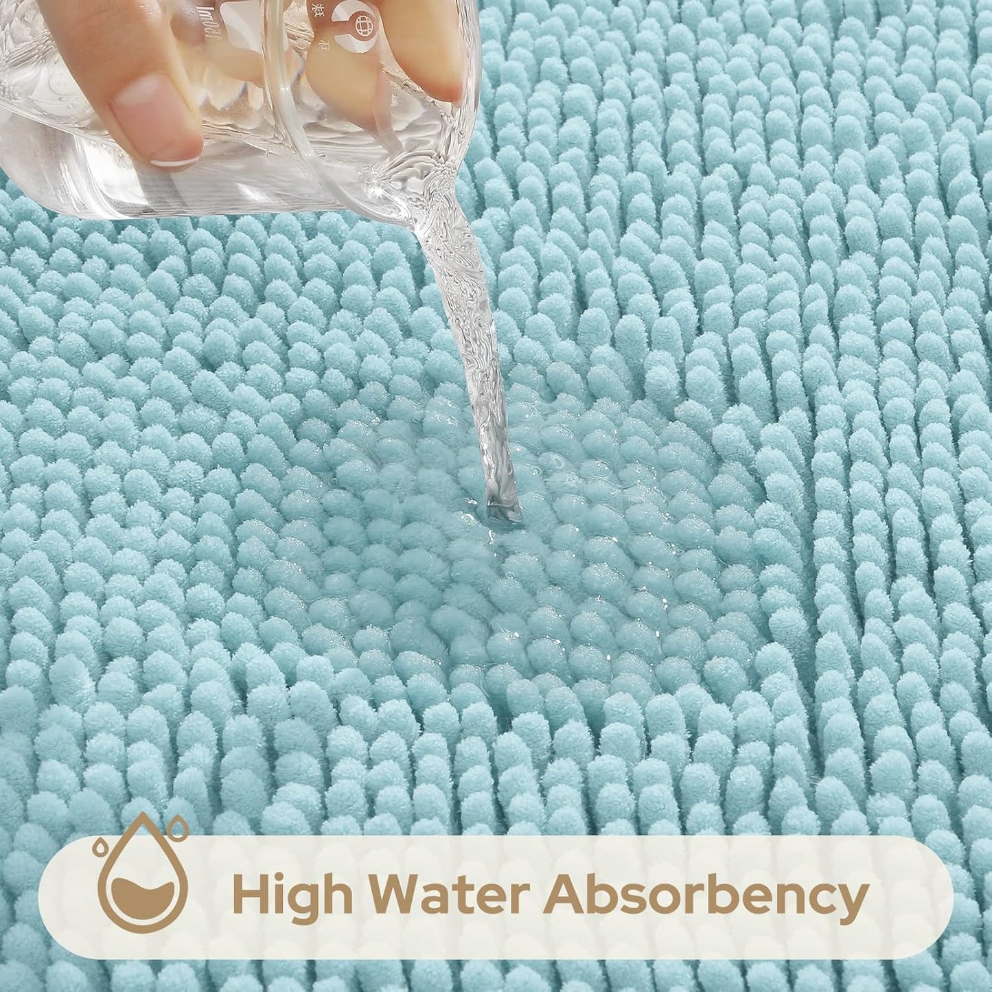 HOMEIDEAS 3 Pieces Bathroom Rugs, Ultra Soft Non Slip Absorbent Chenille Toilet Bath Mat Set (Light Blue,17"x24"+20"x32"+U Shape 20"x24")