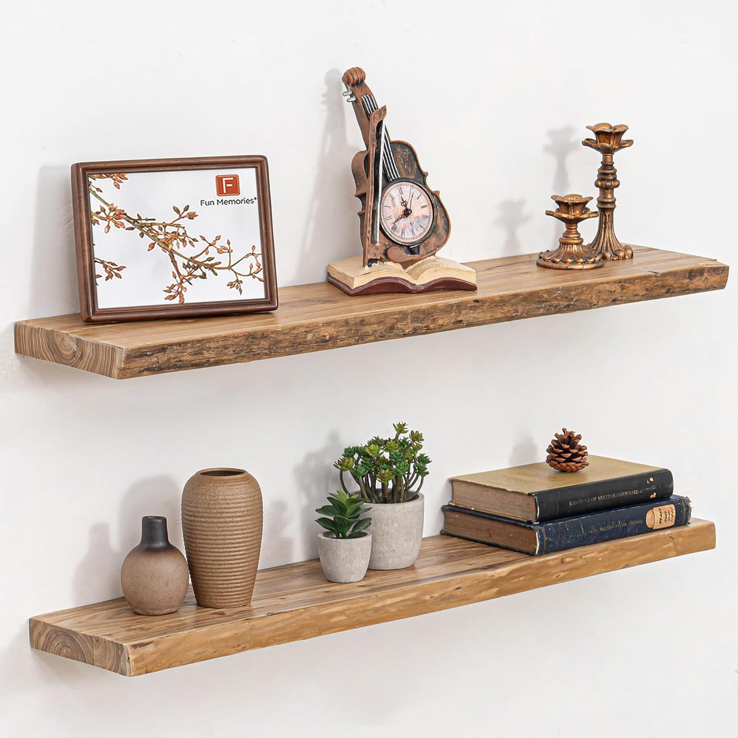 Fun Memories Floating Shelves for Wall Decor, Rustic Solid Elm Wood Live Edge Floating Shelves Wall Mounted, Heavy-Duty Shelf with Invisible Bracket for Living Room Kitchen, 36 Inch Set of 2, Natural
