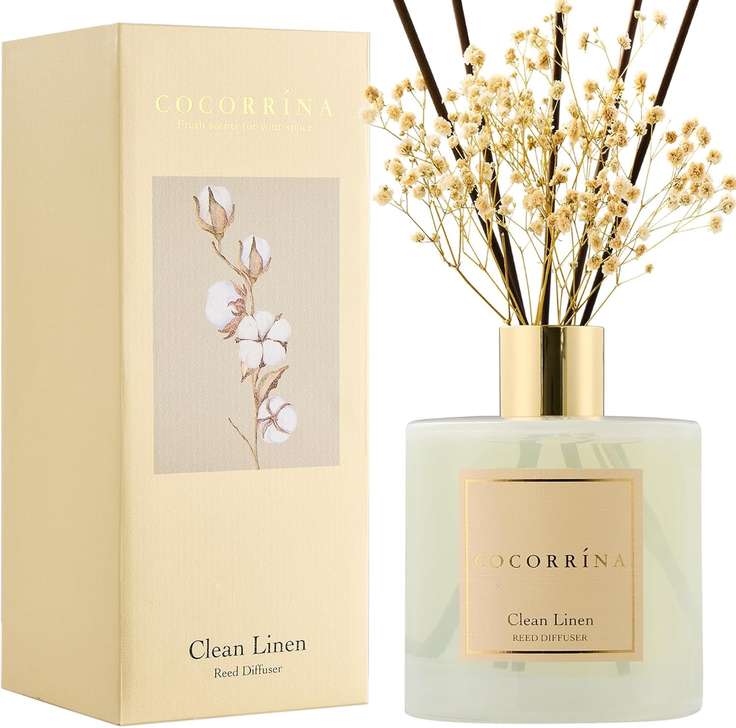 COCORRÍNA Reed Diffuser - Clean Linen 17 Fl.oz Reed Diffuser with 8 Sticks Scented Diffuser with Preserved Flowers for Bathroom Home Decor