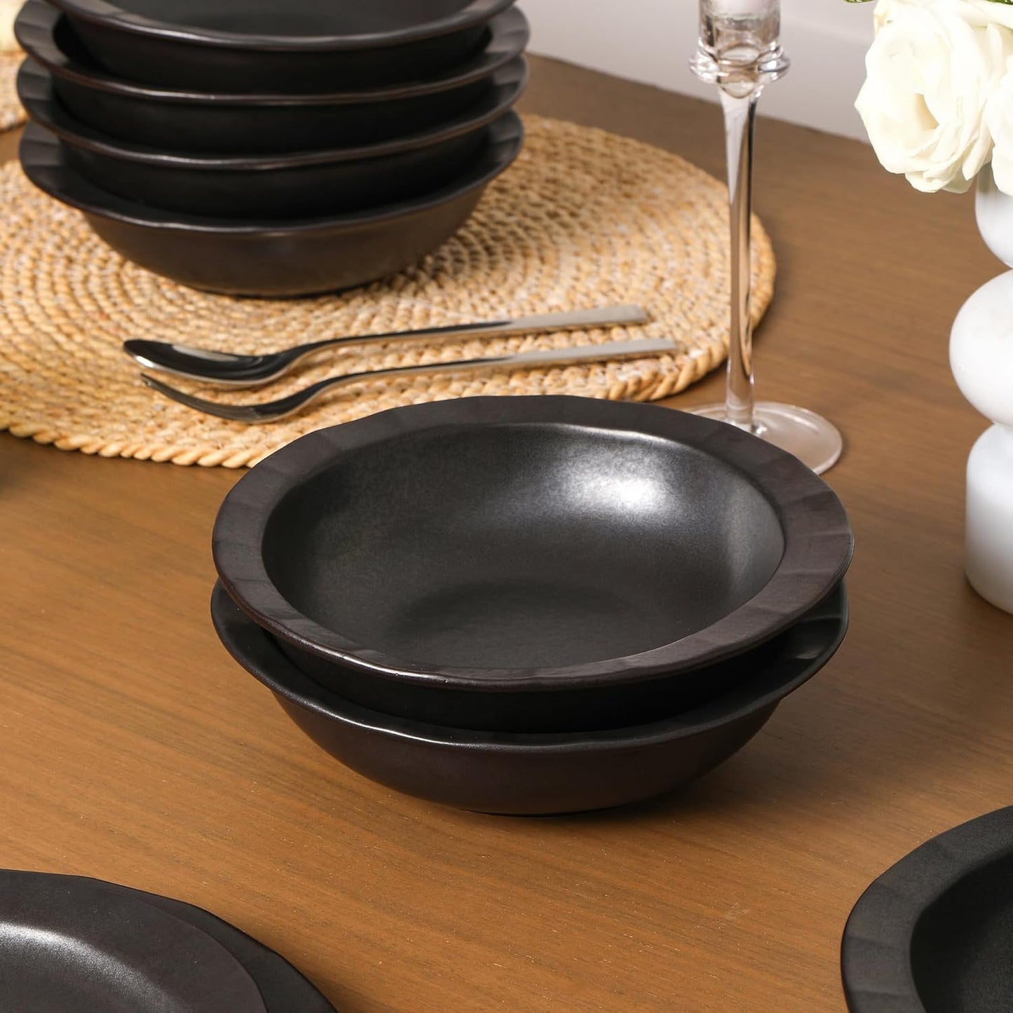 Stone Lain Oasis 12-Piece Dinnerware Set Stoneware, Dishwasher and Microwave Safe Plates and Bowls Set, Dish Set for 4, Black