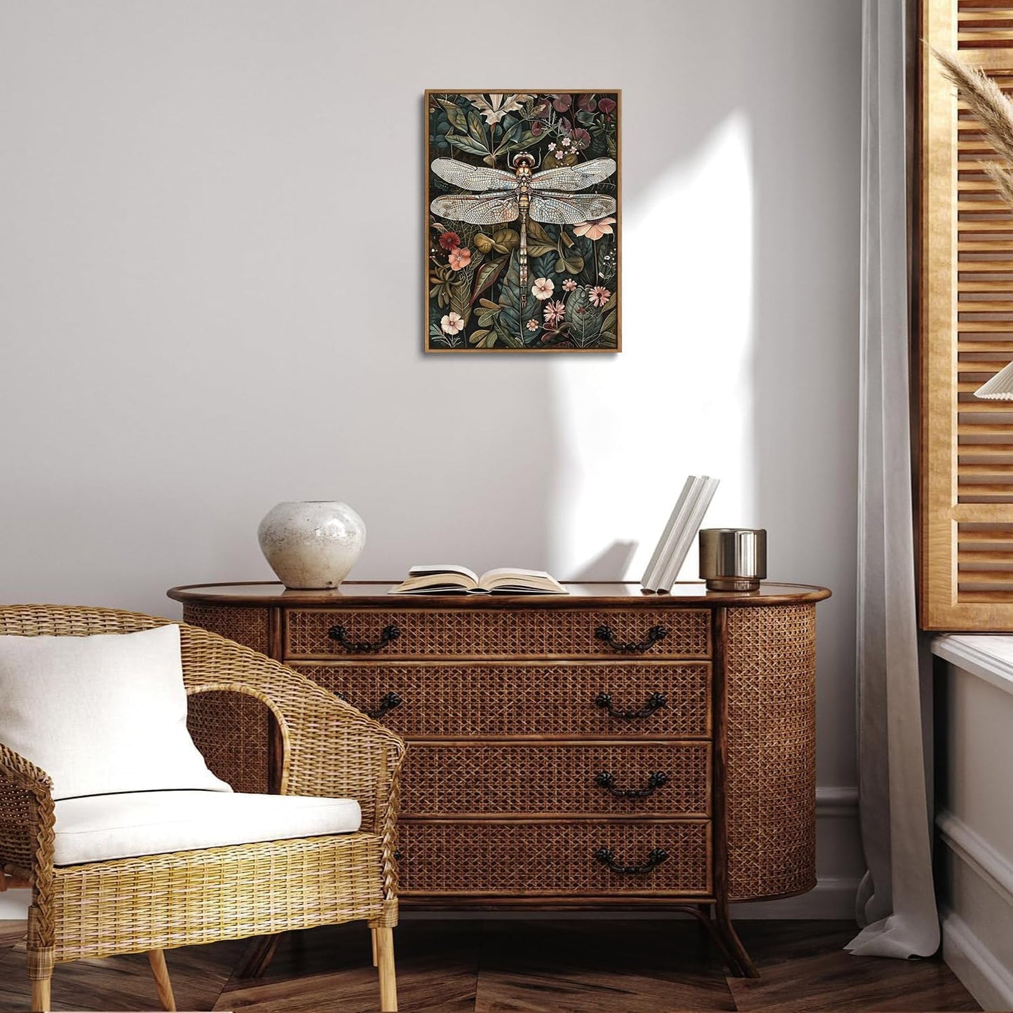 Djmwtb Vintage Framed Wall Art Dragonfly Canvas Wall Art Prints Green Botanical Floral Pictures Flower Painting Wall Decor Artwork for Living Room Bedroom Bathroom Office 16x24in