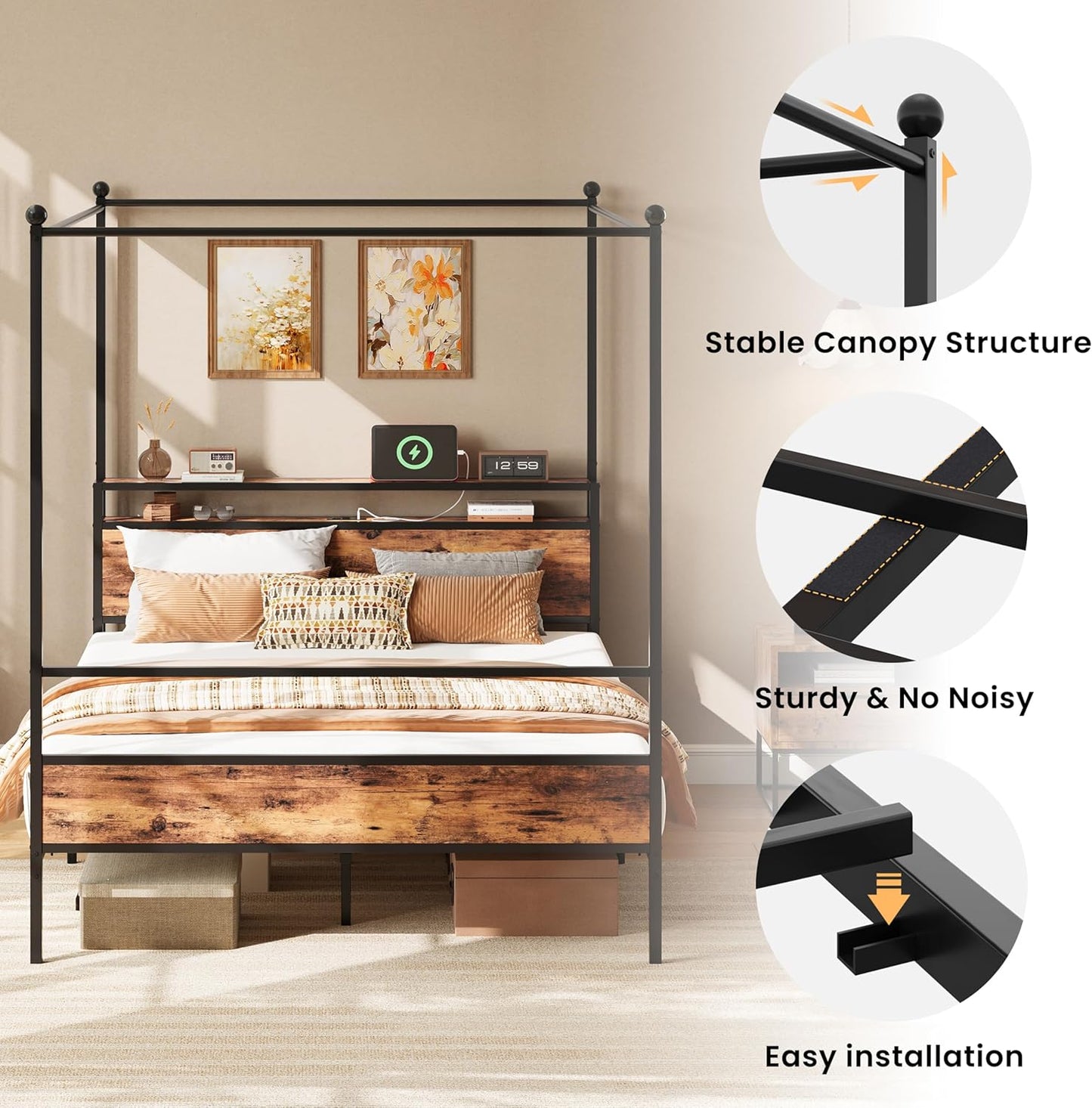 LIKIMIO Canopy Bed Frame Queen with Storage Headboard & Charging Station, Sturdy Metal Platform Bed with 4 Removable Posts, Dual Purpose Bed Frame, No Box Spring Needed, Noise Free
