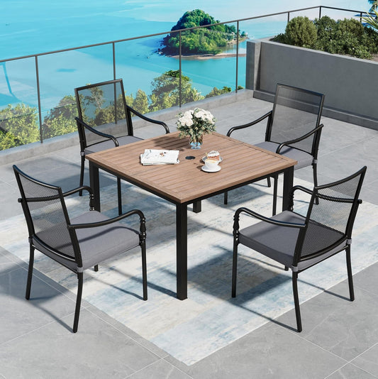 Patio Table and Chairs Set of 4, All-Weather Breathable Metal Mesh Patio Chair with Gourd-Shaped Armrests, 42x42 Wood-Like Table with Umbrella Hole, 5 Pcs Metal Frame Patio Dining Set