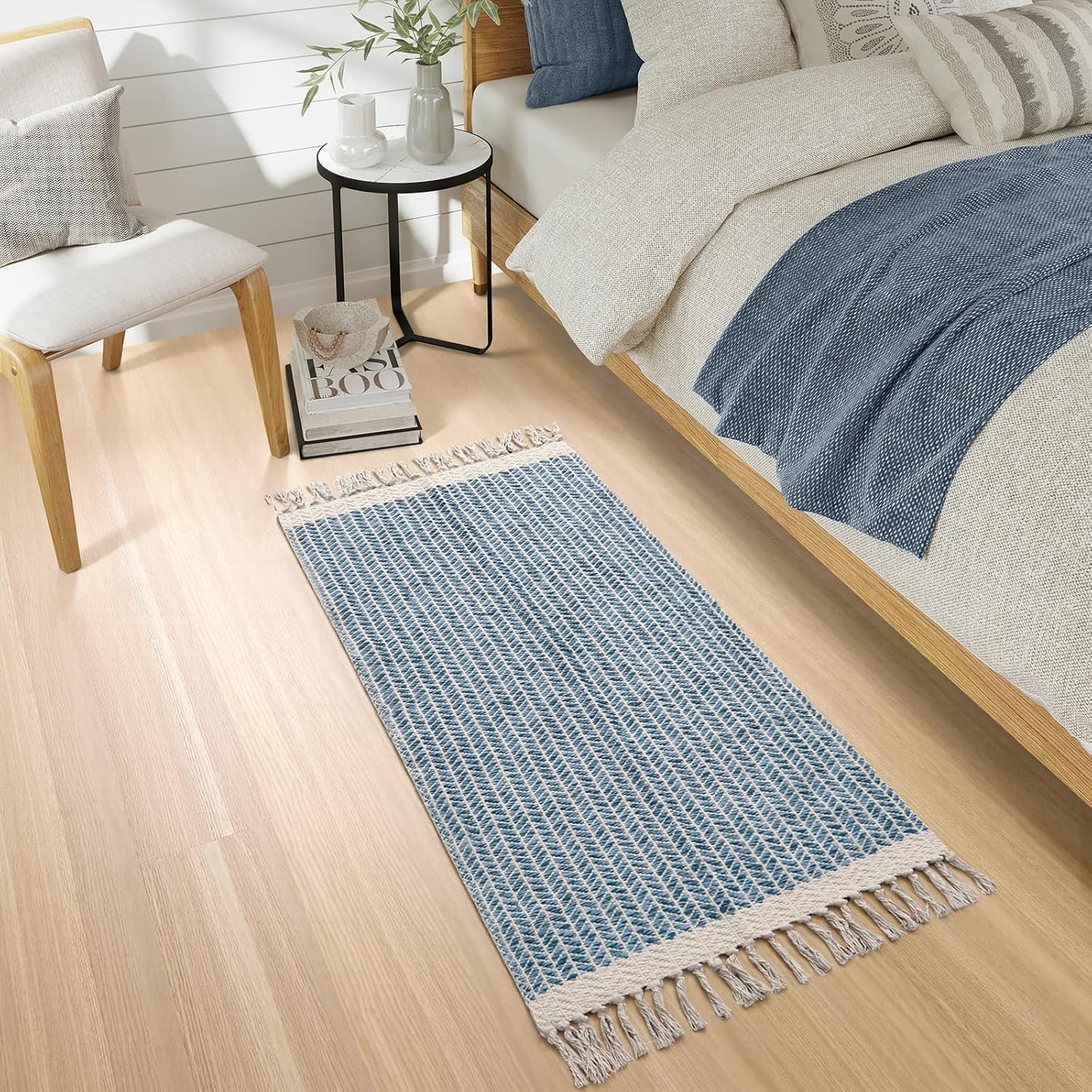 Lahome Boho Laundry Room Rug Runner, 2x4.3 Bathroom Runner Rug Lightweight Kitchen Rugs Woven Cotton Throw Mat with Tassels, Farmhouse Washable Blue Rugs Low Pile for Bedroom Door Mat