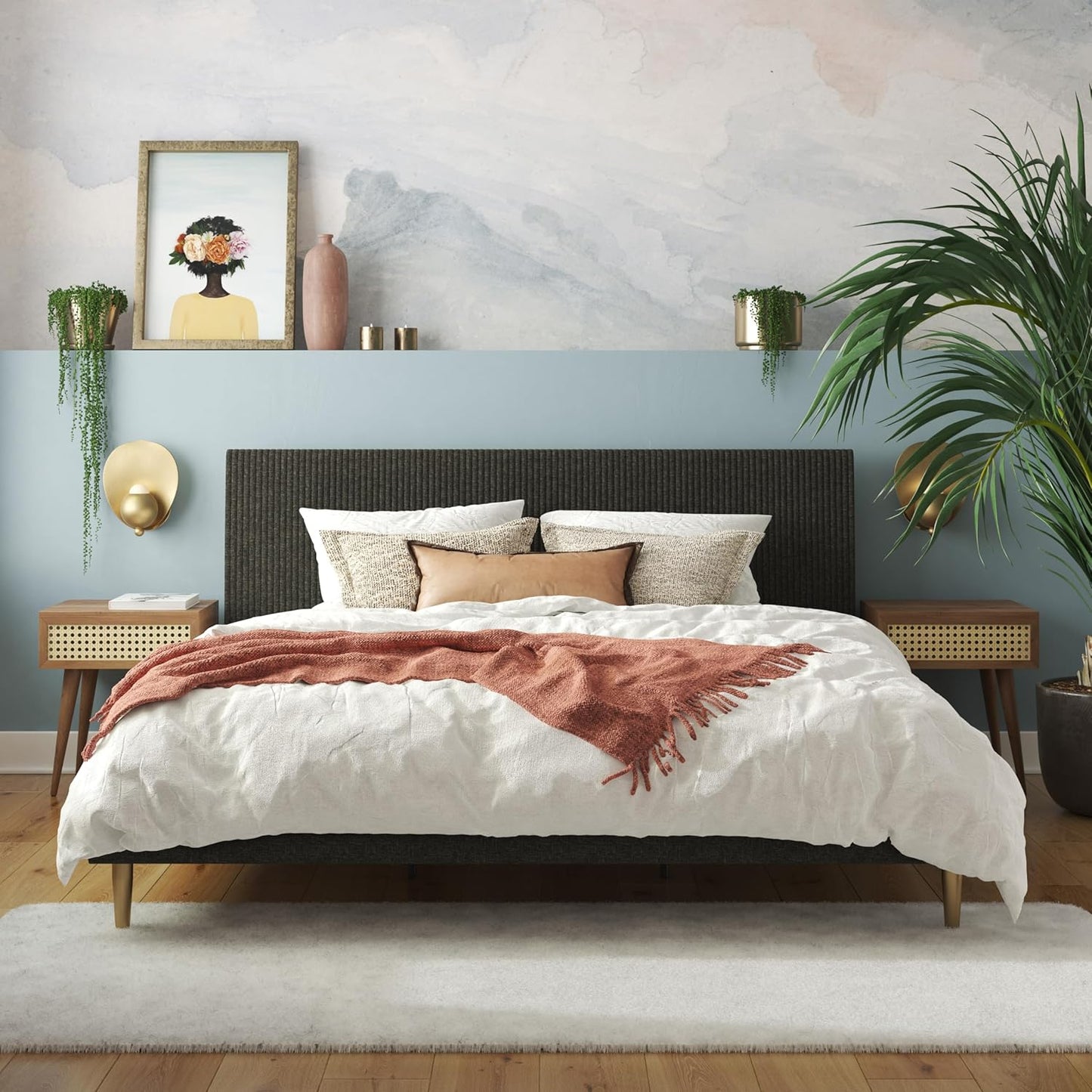 Mr. Kate Daphne Upholstered Bed with Headboard and Modern Platform Frame, King, Dark Gray Linen
