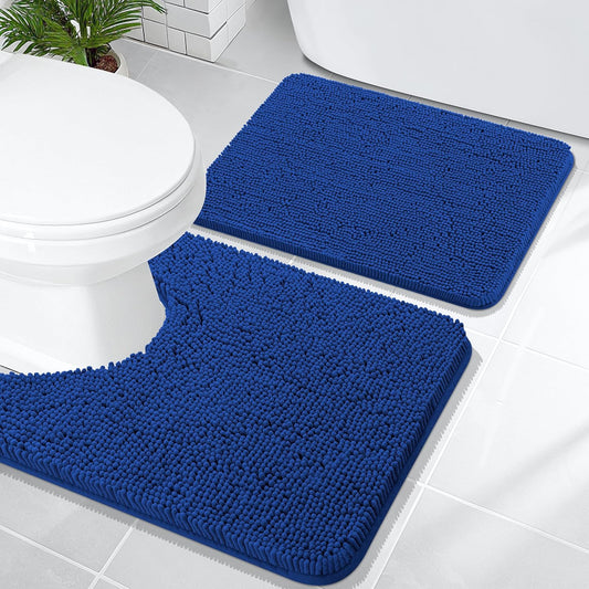OLANLY Bathroom Rugs Sets 2 Piece, Soft Absorbent Chenille Bath Mats and U-Shaped Contour Toilet Mat Area Rug Set, Machine Washable Bath Carpet, Home Decor Accessories(24"x16"+24"x20", Royal Blue)