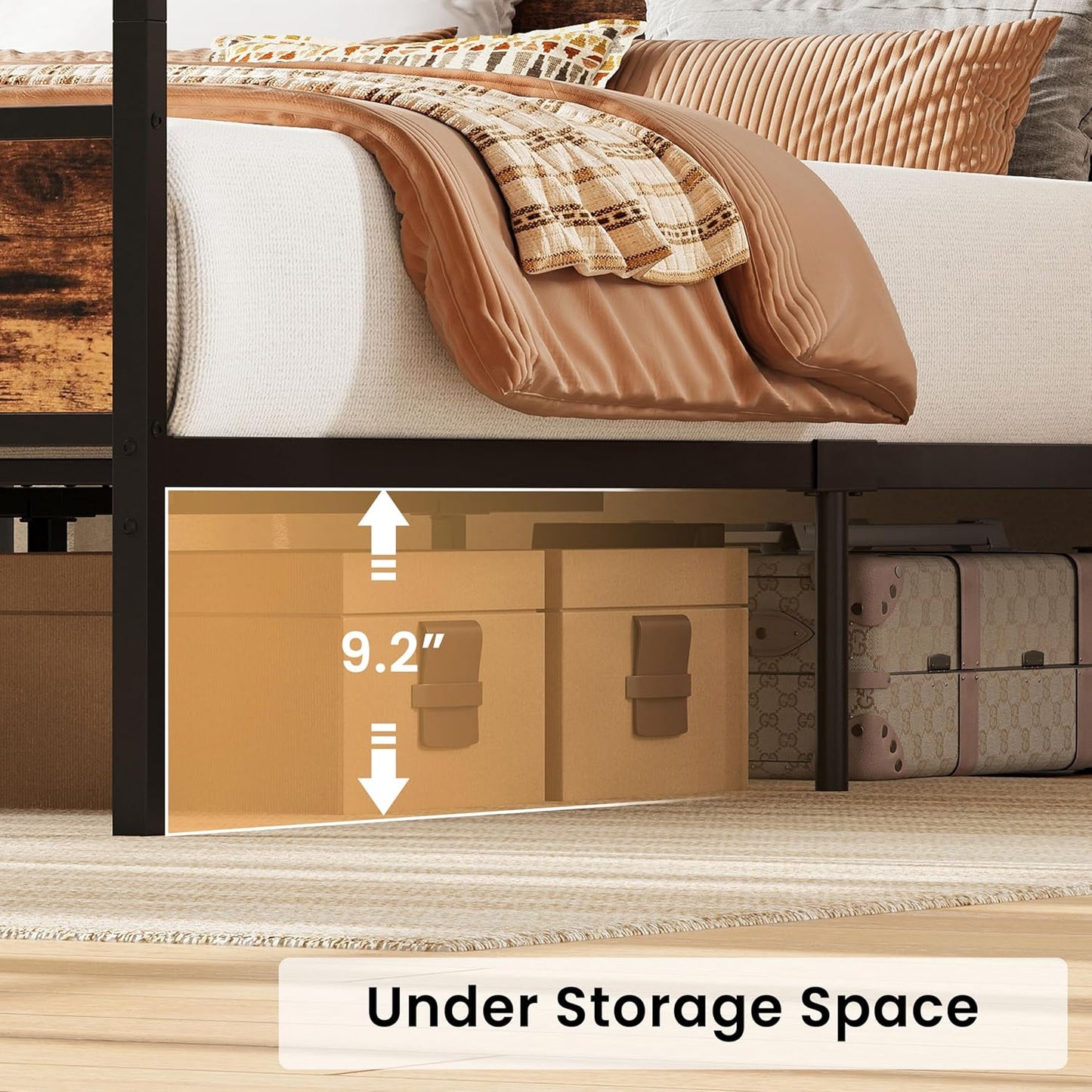 LIKIMIO Canopy Bed Frame Queen with Storage Headboard & Charging Station, Sturdy Metal Platform Bed with 4 Removable Posts, Dual Purpose Bed Frame, No Box Spring Needed, Noise Free