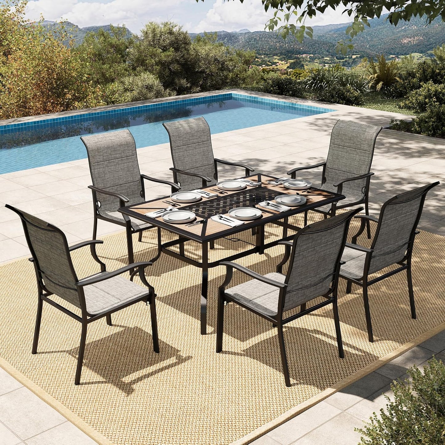 HERA'S HOUSE 7 Pieces Patio Dining Set, Outdoor Dining Set for 6, 6 x All Weather Textilene Padded Patio Dining Chair, 1 x Rectangular Large Surface Wood Like Dining Table, for Lawn Garden Backyard