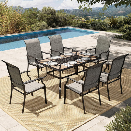 HERA'S HOUSE 7 Pieces Patio Dining Set, Outdoor Dining Set for 6, 6 x All Weather Textilene Padded Patio Dining Chair, 1 x Rectangular Large Surface Wood Like Dining Table, for Lawn Garden Backyard