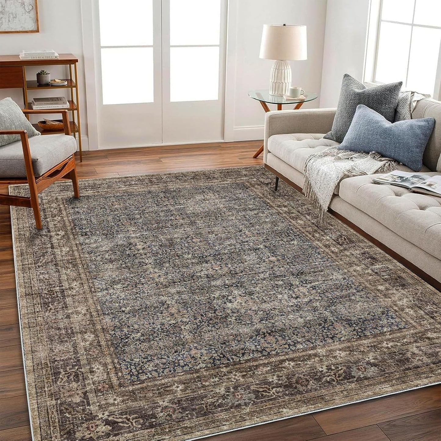 Area Rug 6'x9' Washable Vintage Traditional Floor Cover Thin Retro Kitchen Indoor Distressed Non Slip Carpet for Living Room Bedroom Dining Room