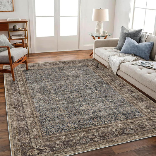 Area Rug 6'x9' Washable Vintage Traditional Floor Cover Thin Retro Kitchen Indoor Distressed Non Slip Carpet for Living Room Bedroom Dining Room