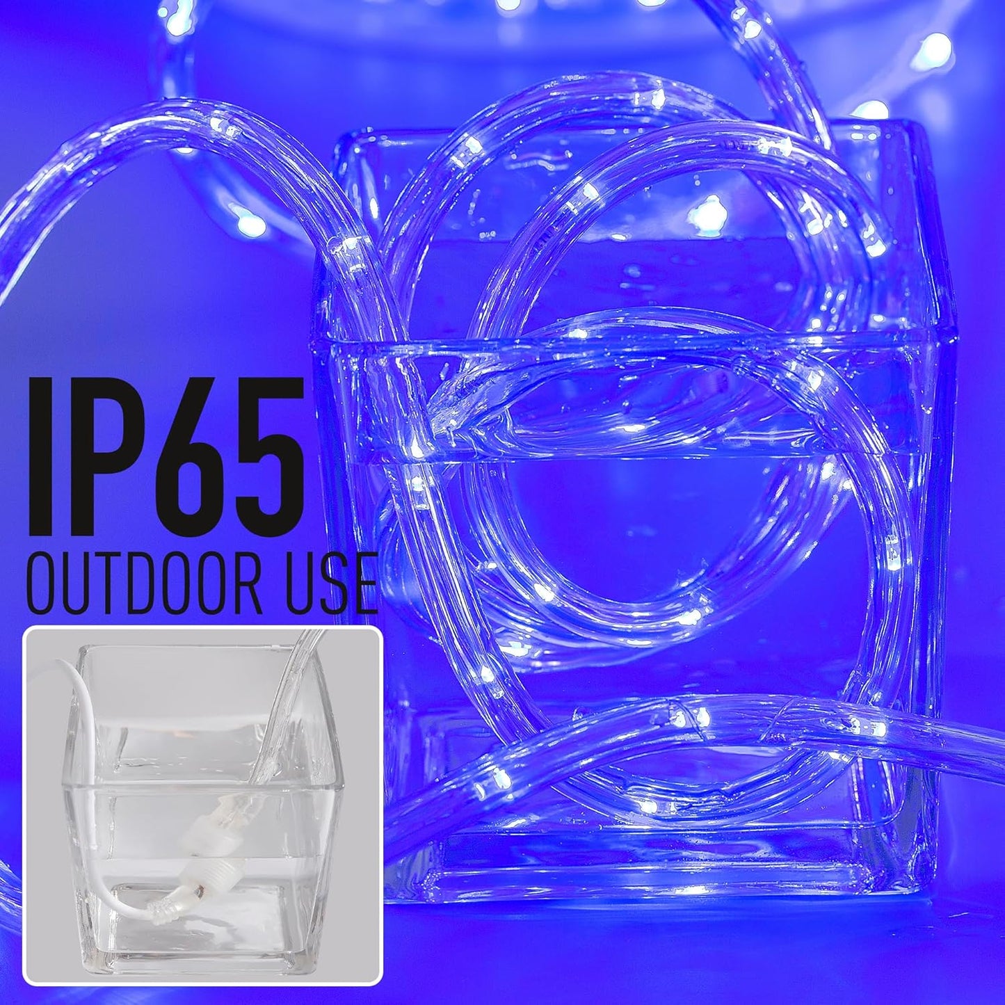 Waterproof LED Rope Lights, Connectable & Flexible with 8 Modes, Outdoor Lighting for Deck, Garden, Pool, Patio & Christmas Decor (Blue, 100ft)