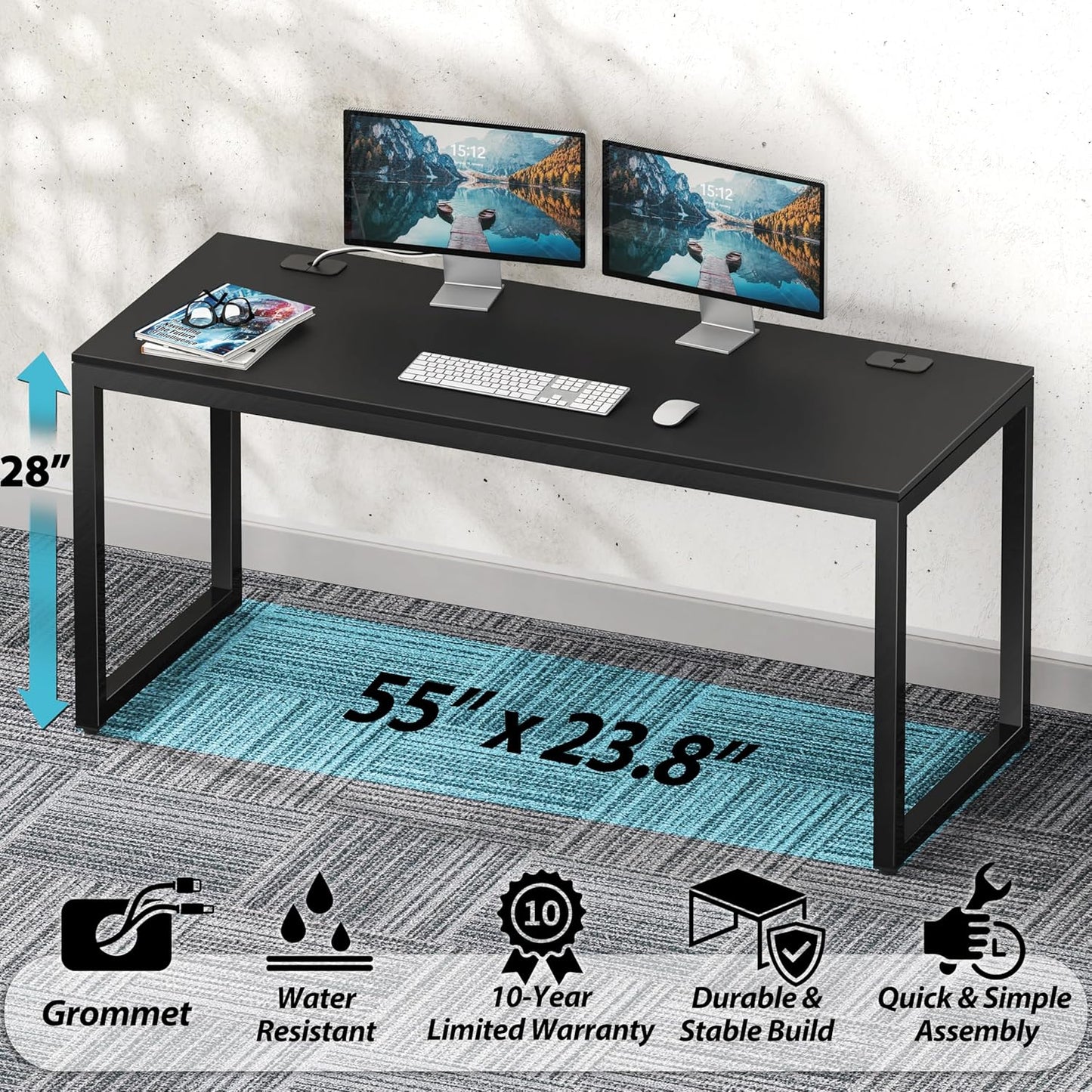 SHW 55-Inch Commercial-Grade Office Computer Desk, Black