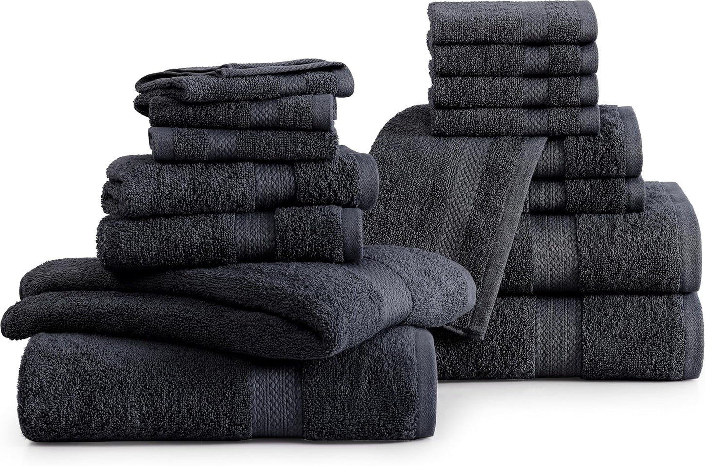 LANE LINEN 100% Cotton Luxury Towel Set for Bathroom - 16 Pieces, Ring Spun - Super Plush, Very Soft & Absorbent - 4 Bath Towels, 8 Washcloths, 4 Hand Towels - Suitable for All Skin Types - Black