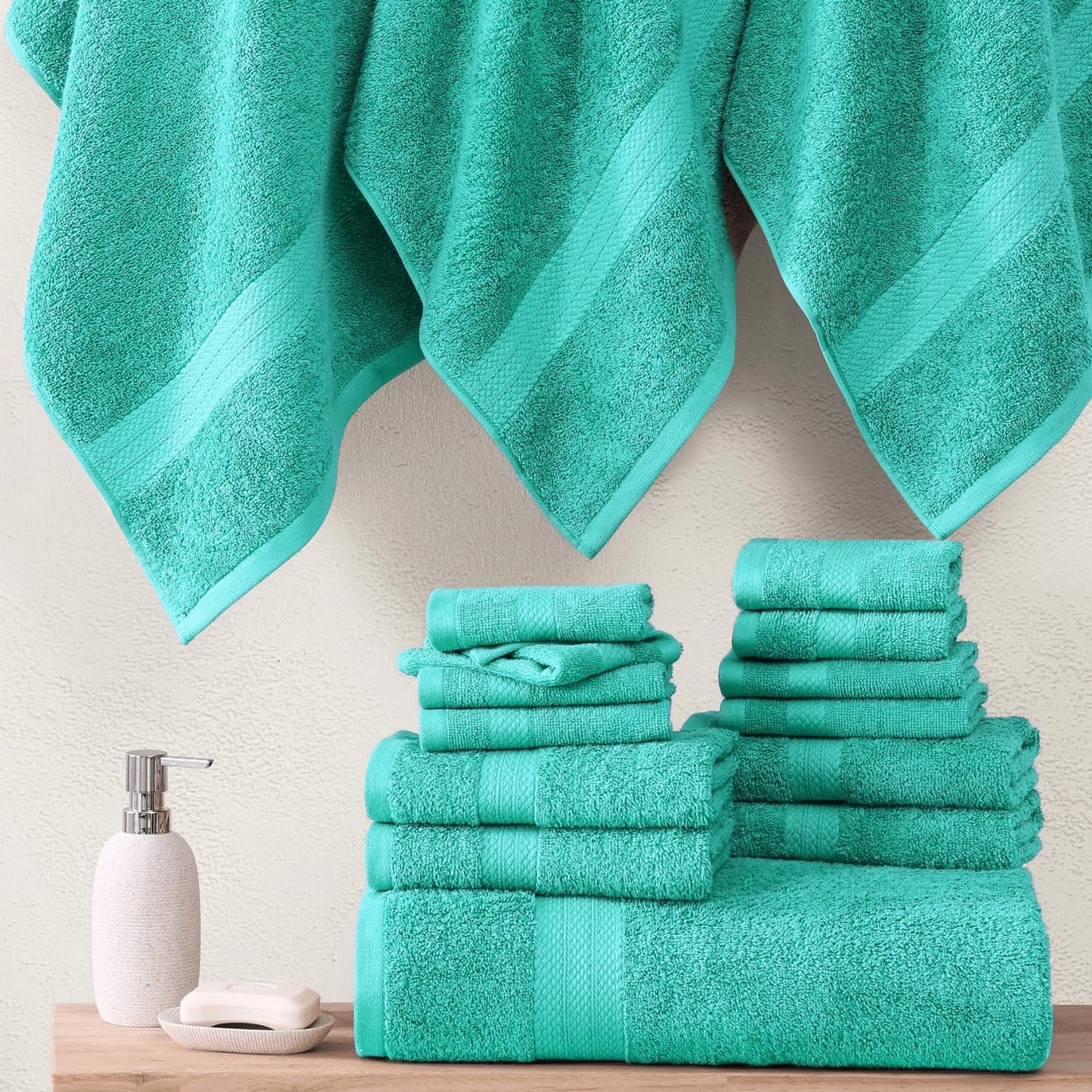 LANE LINEN 100% Cotton Luxury Bathroom Towel Set - 16 Pieces - Ring Spun, Quick Dry, Super Soft & Absorbent - 4 Bath, 8 Washcloths, 4 Hand Towels - Remains Fluffy Even After Multiple Washes - Teal