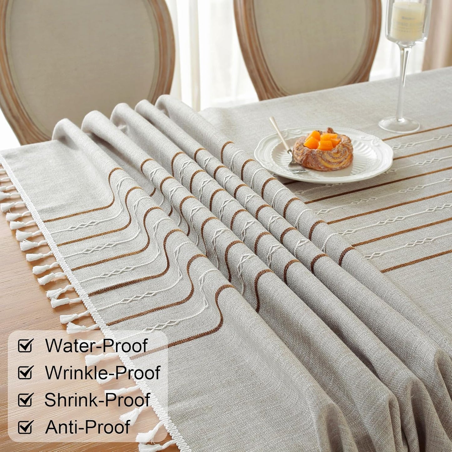 JIALE Tablecloths for Rectangle Tables, Cotton Linen Table Cloth Waterproof Tablecloth Wrinkle Free Farmhouse Dining Tables Cover, Soft Fabric Table Cloths with Tassels, Coffee, 55" X 86", 6-8 Seats