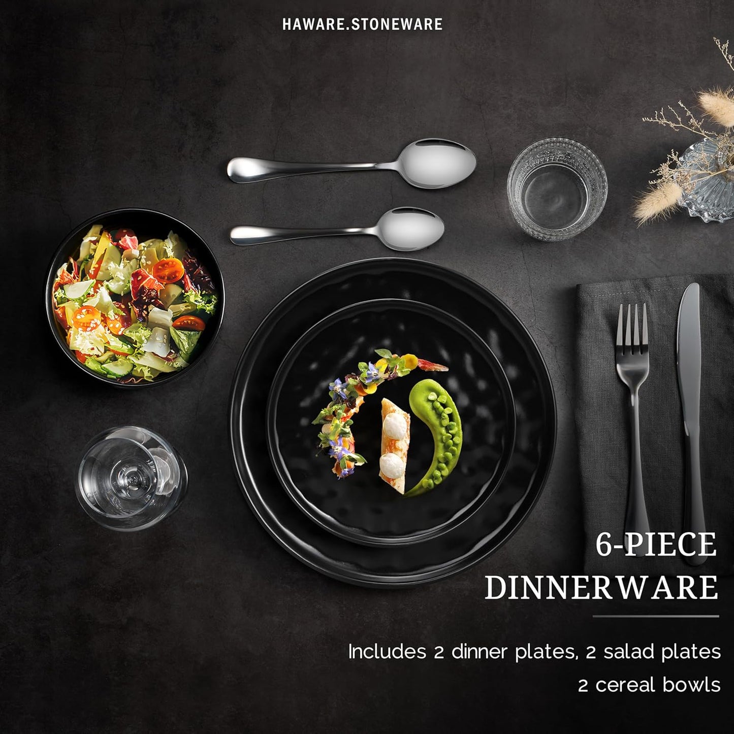 HaWare Dinnerware Sets, 6-Piece Plates and Bowls Set, Stoneware Dish Set for 2, Ceramic Dinnerware for Home Restaurant, Chip and Scratch Resistant, Microwave and Dishwasher Safe, Matte Black
