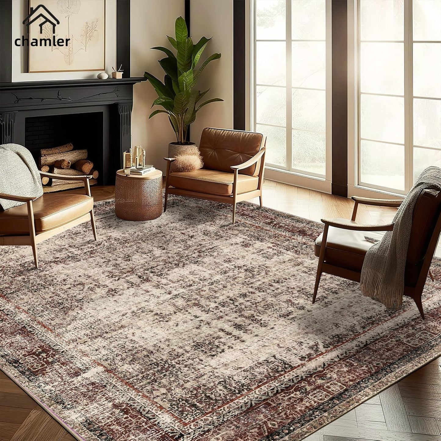 10'x14' Washable Area Rug Boho Chic Medallion Distressed Design Non-Shedding Easy Care Ideal for High Traffic Areas in Rug for Living Room Bedroom Office Coffee Table Large Carpet