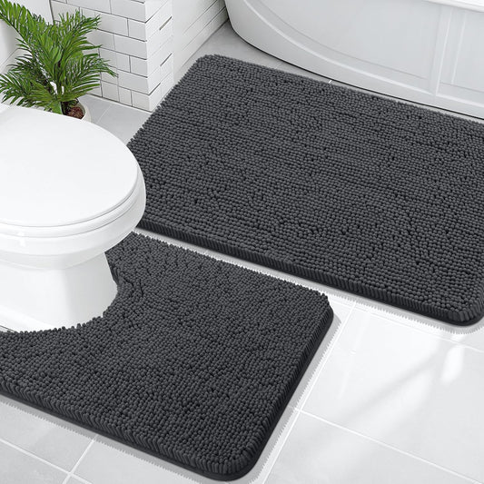 OLANLY Bathroom Rugs Sets 2 Piece, Soft Absorbent Chenille Bath Mats and U-Shaped Contour Toilet Mat Area Rug Set, Machine Washable Bath Carpet, Home Decor Accessories(36"x24"+24"x20", Dark Grey)