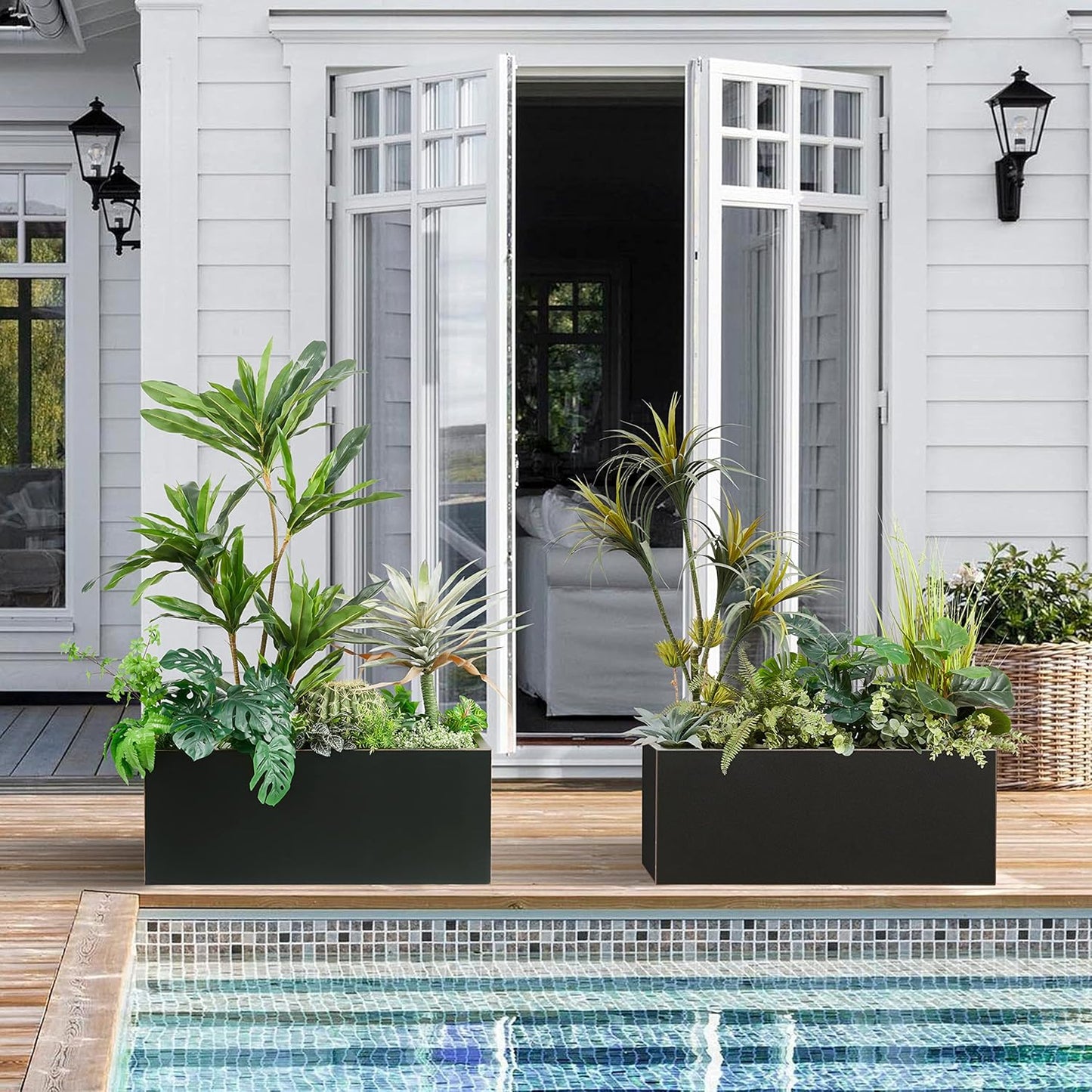 Wallowa Metallic Heavy Long and Large Outdoor/Indoor Planter, Rectangular Trough Planter Box, 38”Lx15”Wx15”H, 40Pounds, Black with Hand Brushed Gold Edge, No Assemble and Seamless