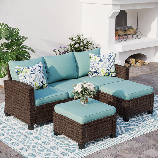 L-Shaped Outdoor Furniture Set, 5-Seat Couch With 2 Ottomans, Durable Rattan Sofa for Small Patios, Modular All-Weather Use, Blue