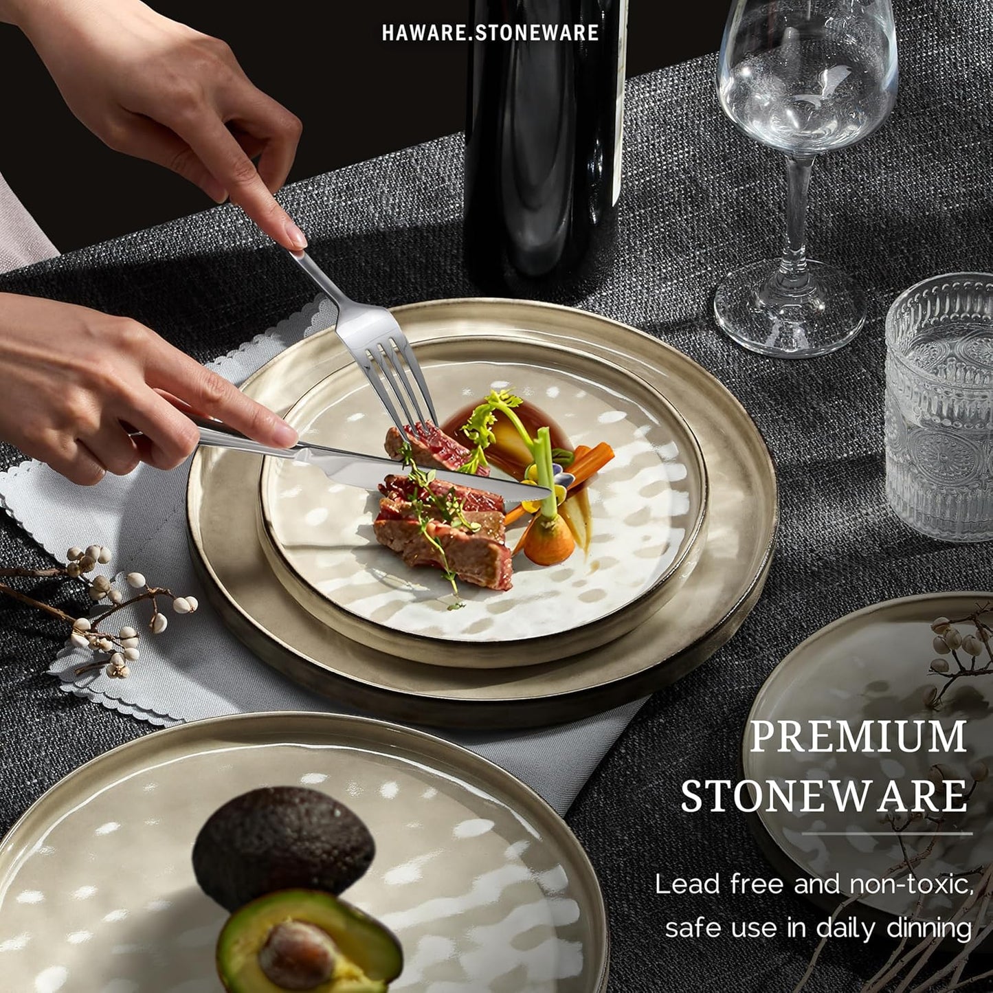 HaWare Dinnerware Sets, 12-Piece Plates and Bowls Set, Stoneware Dish Set for 4, Ceramic Dinnerware for Home Restaurant, Chip and Scratch Resistant, Microwave and Dishwasher Safe, Saturn Khaki