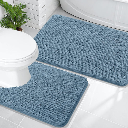 OLANLY Bathroom Rugs Sets 2 Piece, Soft Absorbent Chenille Bath Mats and U-Shaped Contour Toilet Mat Area Rug Set, Machine Washable Bath Carpet, Home Decor Accessories(36"x24"+24"x20", Airy Blue)