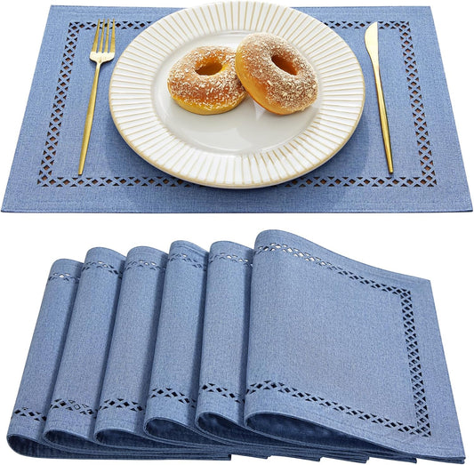 Burlap Placemats Set of 6, 12 x 18 Inch Rustic Geometric Hollow Place Mats, Heat Resistant Placemats for Farmhouse Kitchen Table Decor, Blue 6PCS