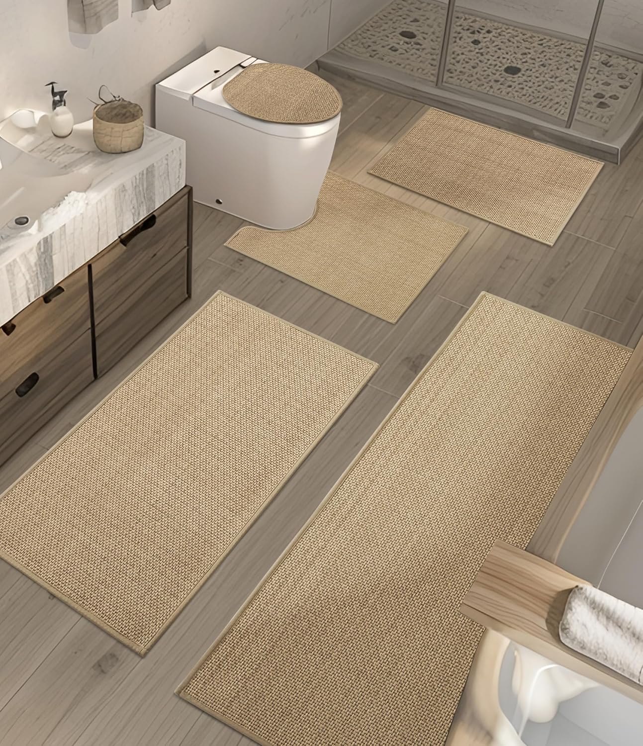 YIHOUSE Bathroom Rugs Sets 5 Pieces, Beige Ultra Thin Bath Mats Fit Under Door, Absorbent Quickly Dry Rubber-Backing Braided Bath Mat Set, Non Slip Washable Bath Rugs Mat for Bathroom Floor, Beige