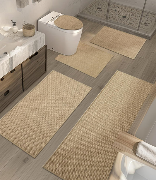 YIHOUSE Bathroom Rugs Sets 5 Pieces, Beige Ultra Thin Bath Mats Fit Under Door, Absorbent Quickly Dry Rubber-Backing Braided Bath Mat Set, Non Slip Washable Bath Rugs Mat for Bathroom Floor, Beige