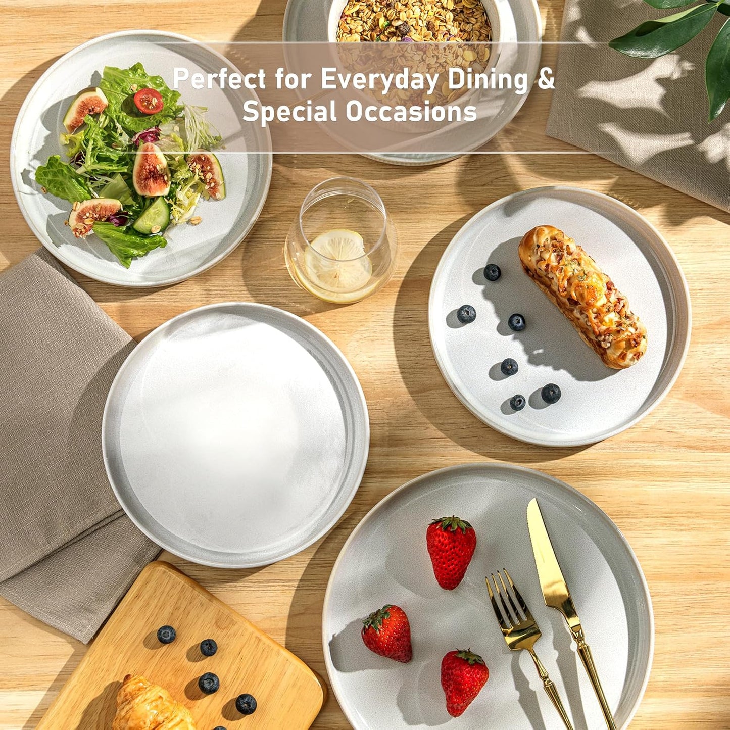 GBHOME Stoneware Dinnerware Sets for 4, Round Reactive Glaze Ceramic Plates and Bowls Set, Highly Scratch Resistant | Dishwasher & Microwave Safe ，Service for 4(12Pcs)