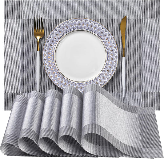 LEXMORE Placemats Set of 6 Vinyl/Plastic Woven Place Mats for Kitchen Table Indoor/Outdoor Washable Placemat Wipeable Dining Table Mats(Silver Cube)