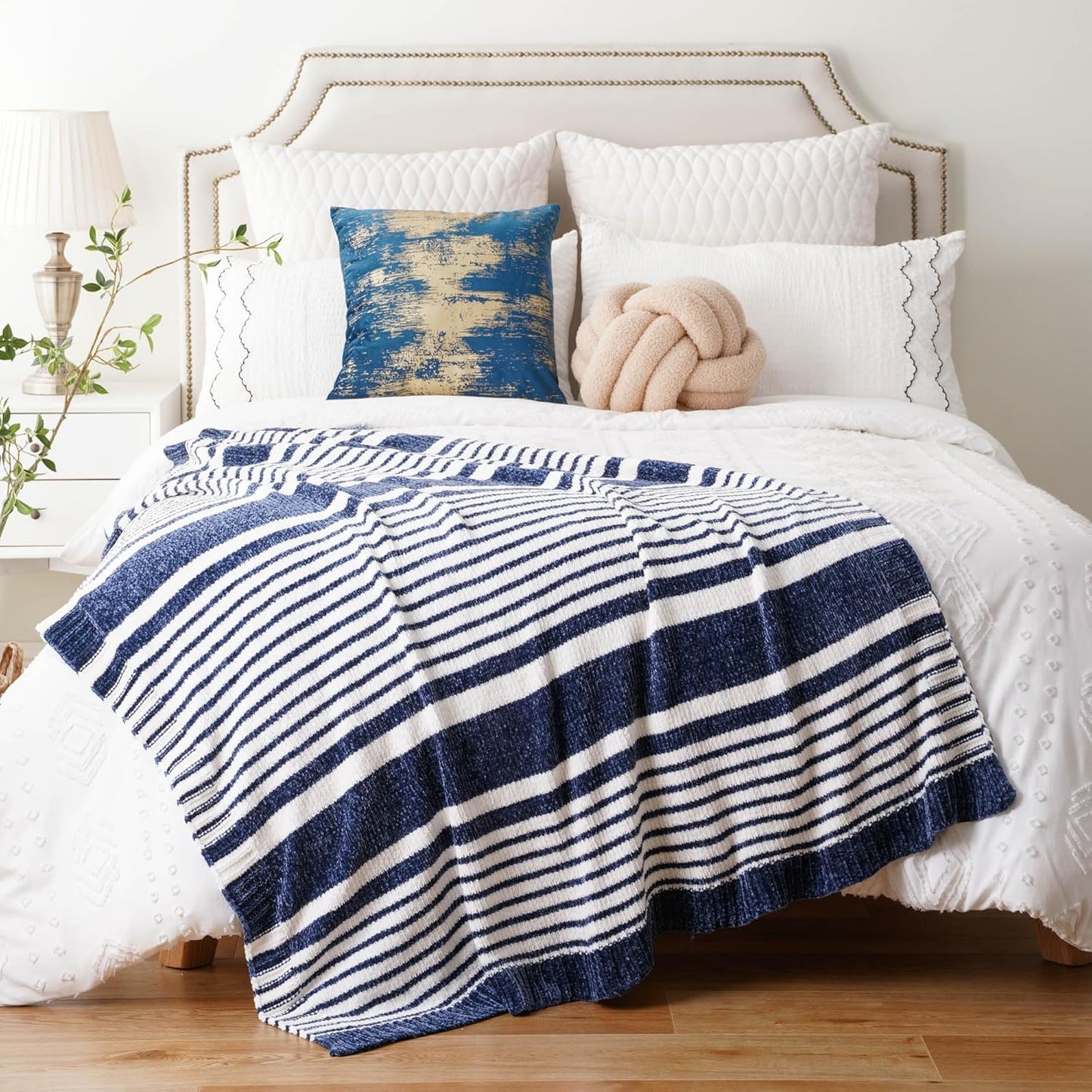 BATTILO HOME Navy and White Throw Blanket for Couch, Navy Throw Blankets, Super Soft Cozy Chenille Knit Throw Blanket for Chair, Sofa, Bed, 51"x67"