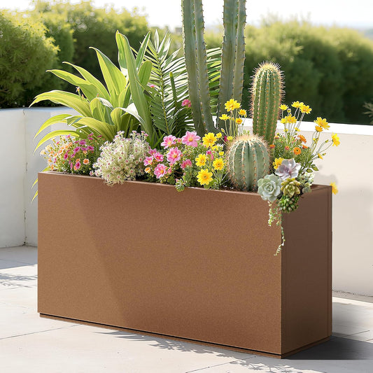 Large Rectangle Planter Metal Brown Planter Box with a Drainage Hole and a Removable Divider Indoor Outdoor Porch Pots for Tall Plants, Trees, Flowers 32.01"x 10" x 16.26" Brown