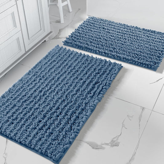 Yimobra Bathroom Rugs Sets 2 Piece - Quick Dry Extra Thick Luxury Chenille Bath Mat, Non Slip Super Absorbent for Tub Shower Sink, Machine Washable Shaggy Floor Mat, 32"x20"+24"x17" Inch, Denim Blue
